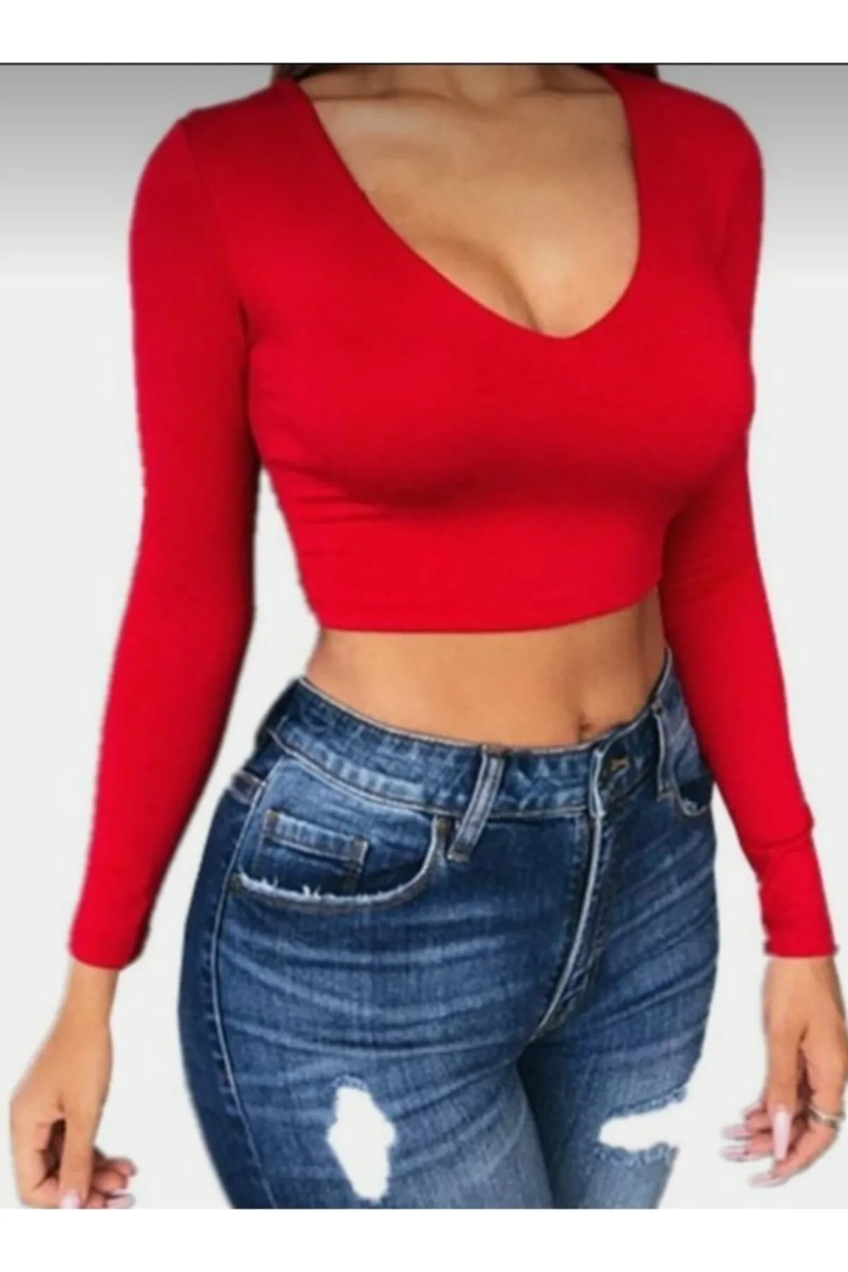 Kadin Derin V Yaka Kirmizi Croptop